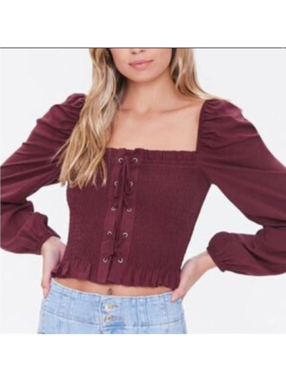 Forever 21 Plumb Smocked Puff Sleeve Blouse